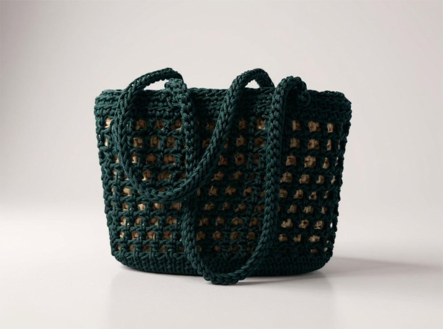 Panier MIH artisanal en osier naturel avec tressage au crochet en nylon recyclé vert sapin